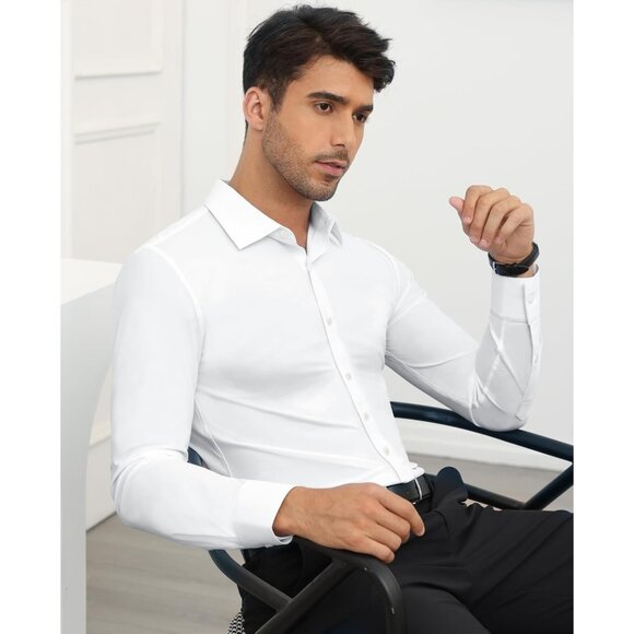 Men All White Long Sleeve Slim Muscle Fit Wrinkle Free Button Down Dress Shirts - Picture 5 of 9
